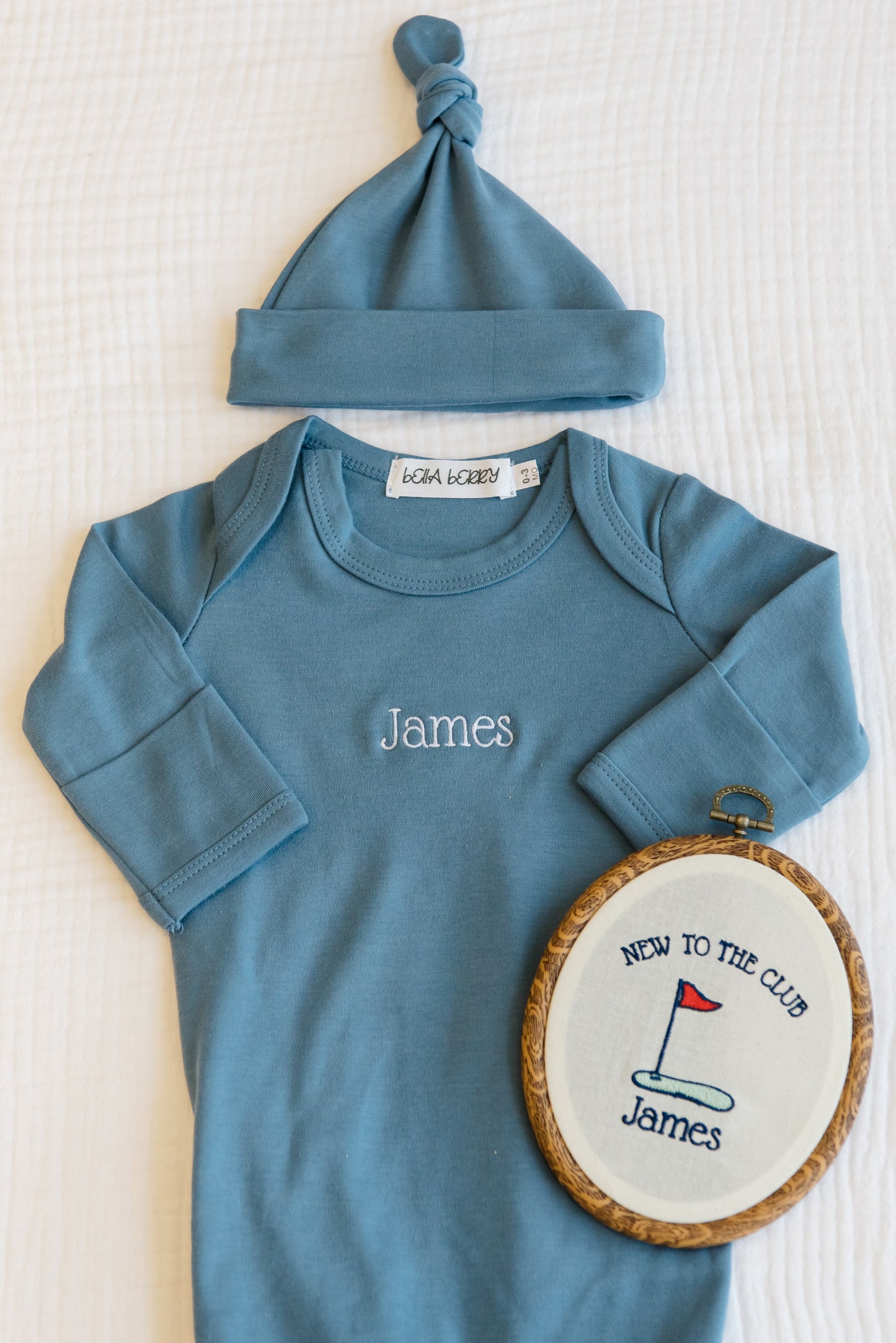 Personalized Golf Baby Gift Set | Knotted Gown, Hat & Embroidered Linen Name Plate