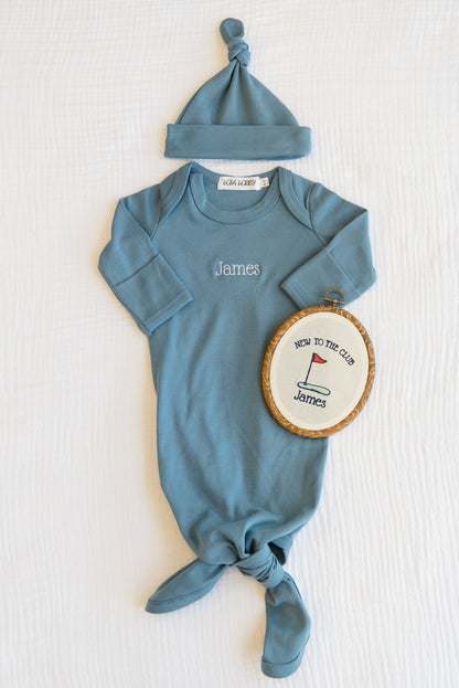 Personalized Golf Baby Gift Set | Knotted Gown, Hat & Embroidered Linen Name Plate