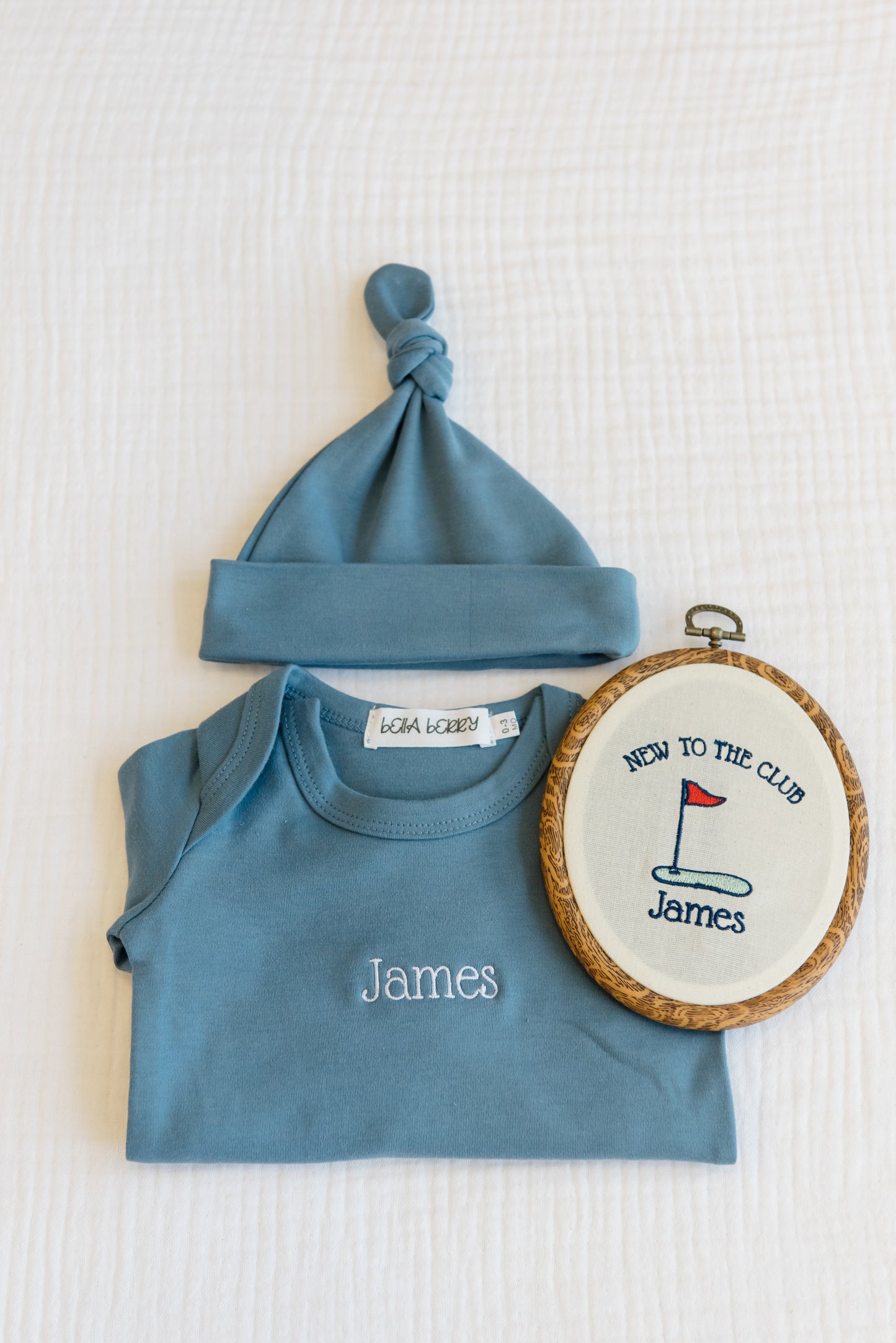 Personalized Golf Baby Gift Set | Knotted Gown, Hat & Embroidered Linen Name Plate