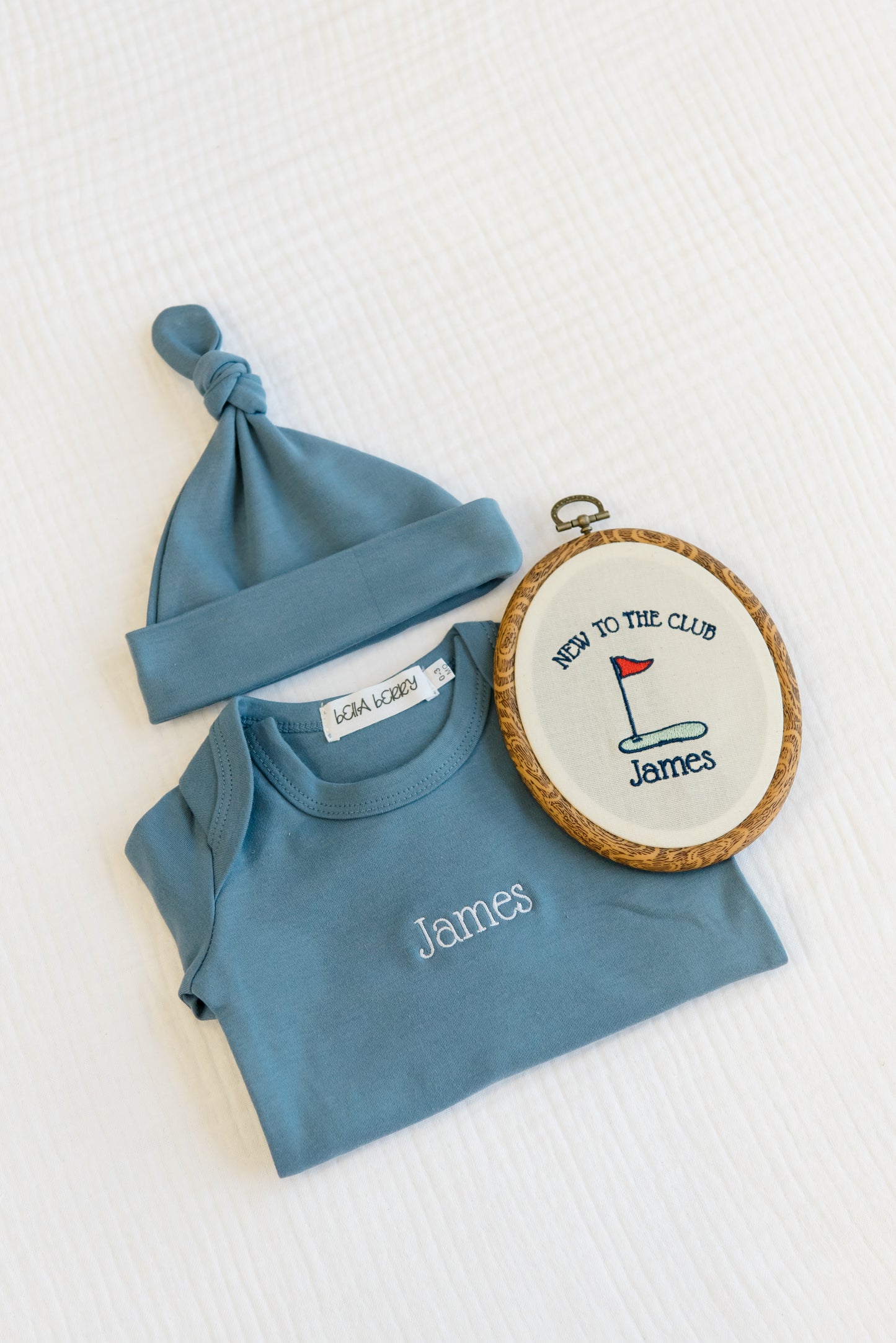 Personalized Golf Baby Gift Set | Knotted Gown, Hat & Embroidered Linen Name Plate