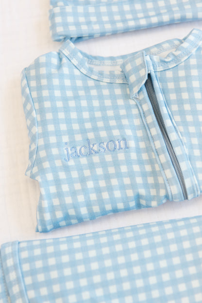 Blue Gingham Bamboo Footie