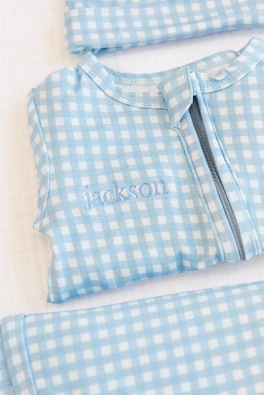 Blue Gingham Bamboo Footie