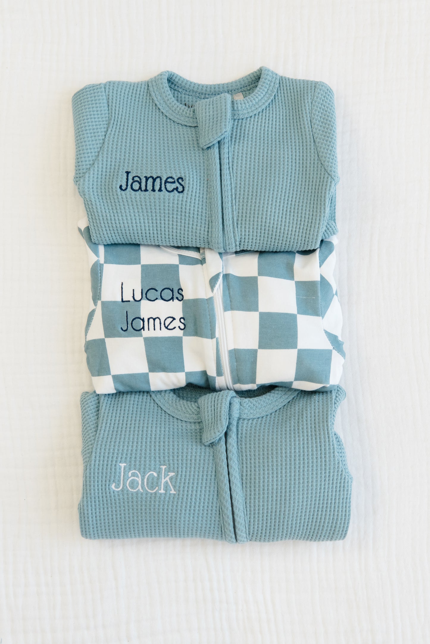 Personalized Organic Waffle Knit Footie Blue Gingham Collection