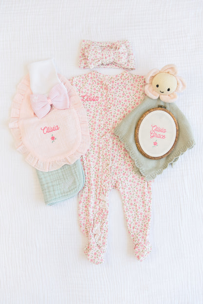 Personalized Baby Girl Gift Set | Embroidered Bamboo Footie, Burp Cloth, Name Plate & Headband