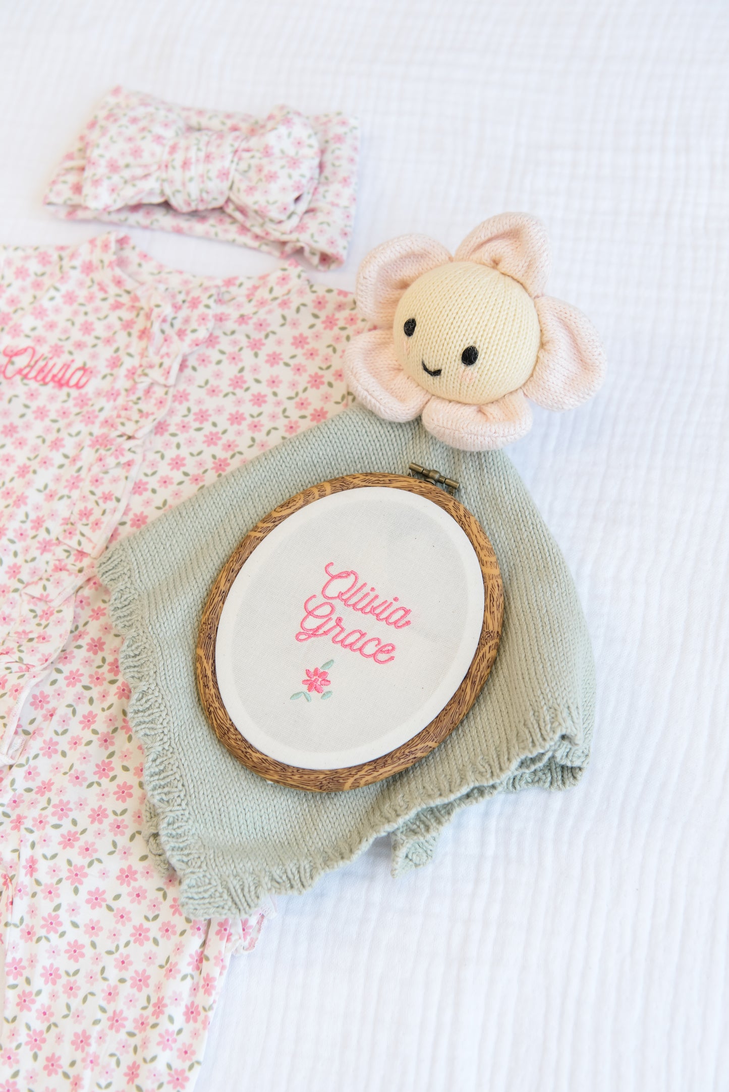 Personalized Baby Girl Gift Set | Embroidered Bamboo Footie, Burp Cloth, Name Plate & Headband