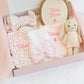 Personalized Baby Girl Gift Set | Embroidered Bamboo Footie, Burp Cloth, Name Plate & Headband
