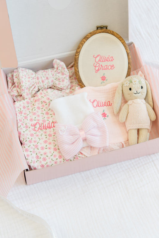 Personalized Baby Girl Gift Set | Embroidered Bamboo Footie, Burp Cloth, Name Plate & Headband
