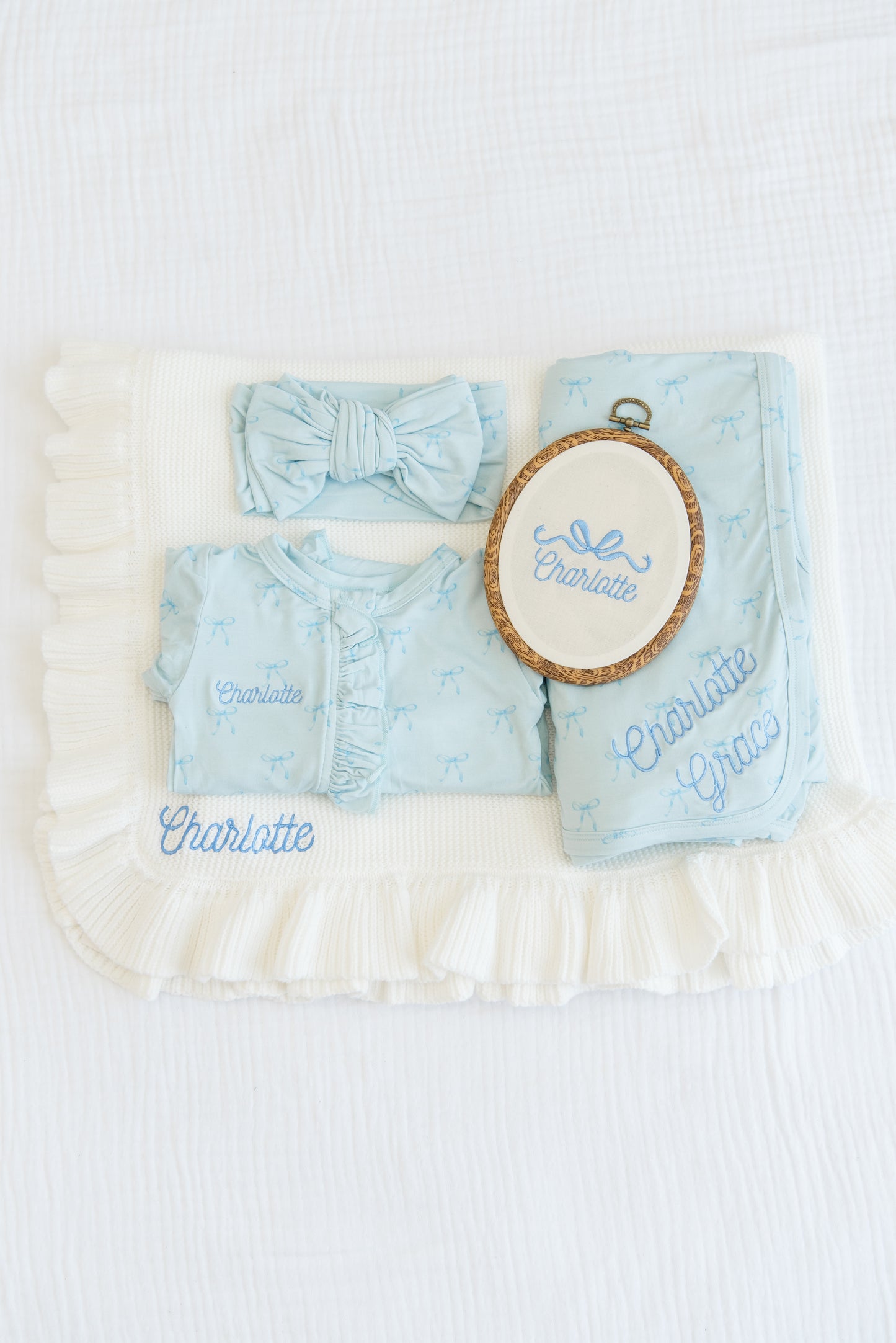 Personalized Baby Girl Gift Set | Embroidered Bamboo Footie, Swaddle, Name Plate & Headband