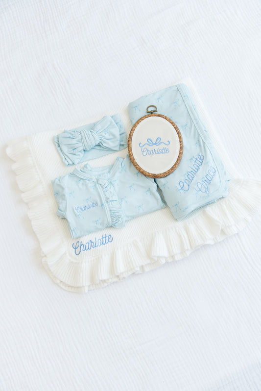 Personalized Baby Girl Gift Set | Embroidered Bamboo Footie, Swaddle, Name Plate & Headband