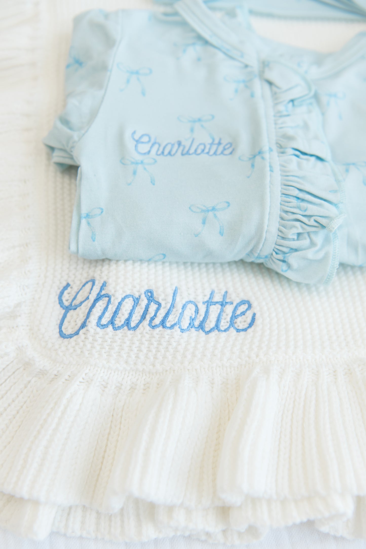 Personalized Baby Girl Gift Set | Embroidered Bamboo Footie, Swaddle, Name Plate & Headband
