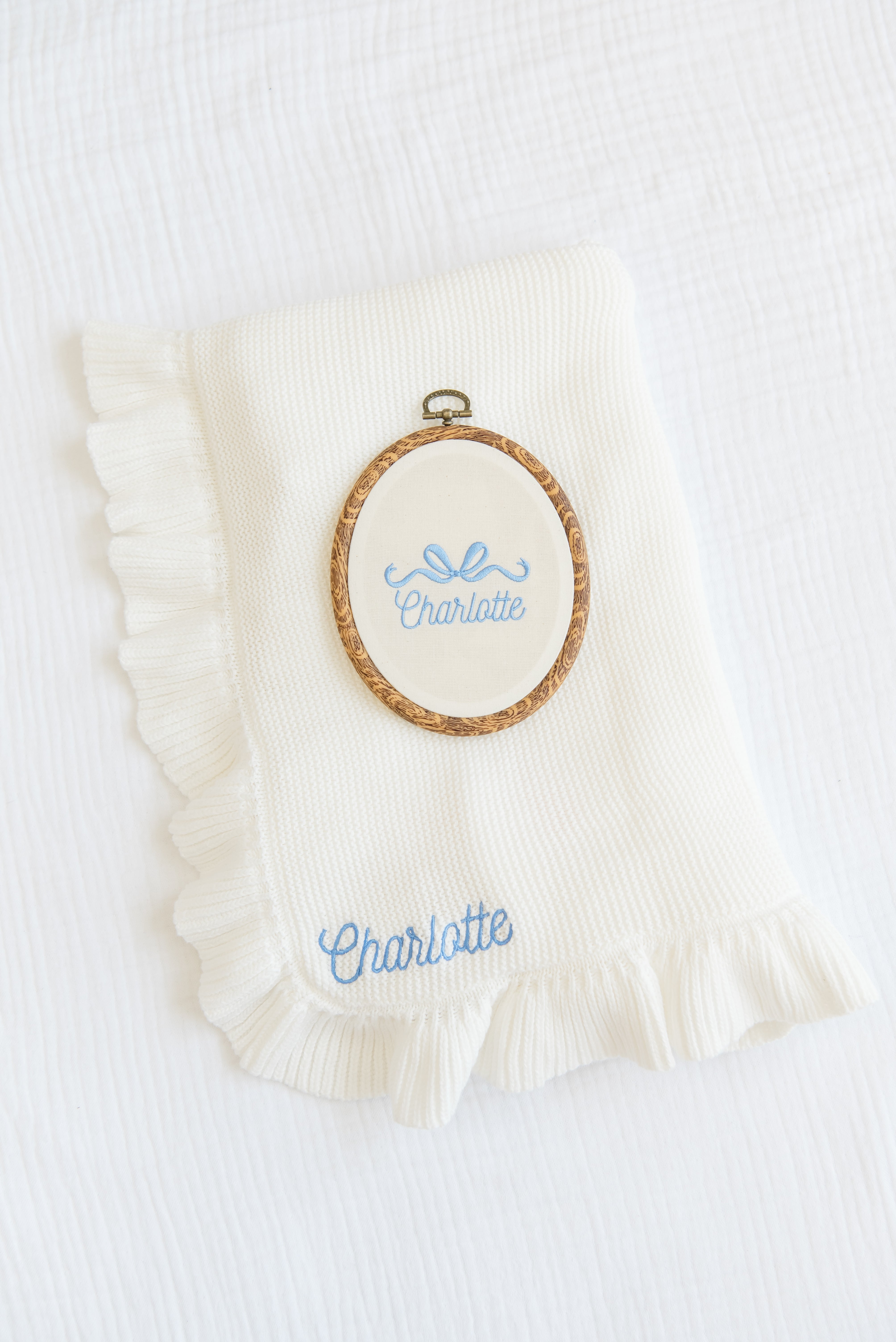 Embroidered Knitted Ruffled Blanket
