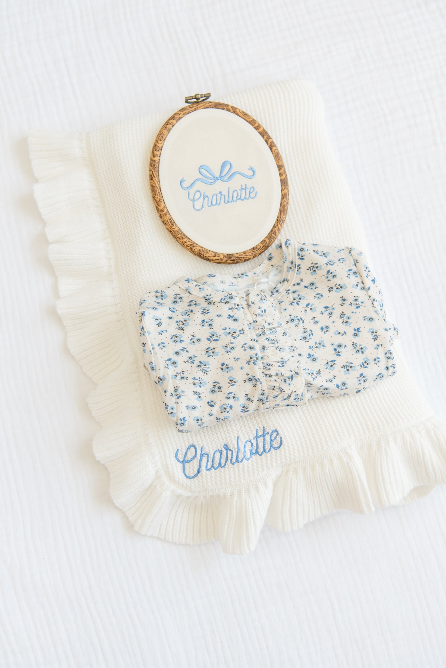 Embroidered Knitted Ruffled Blanket