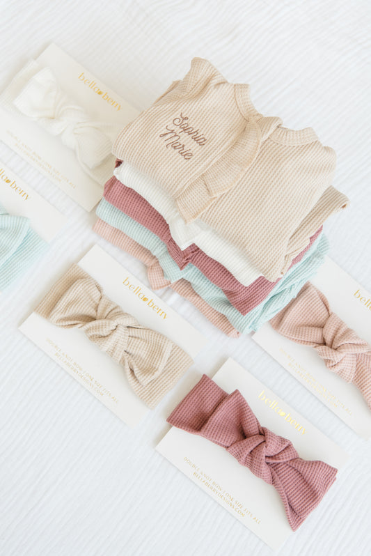 Personalized Organic Waffle Knit Ruffled Footie With Bow