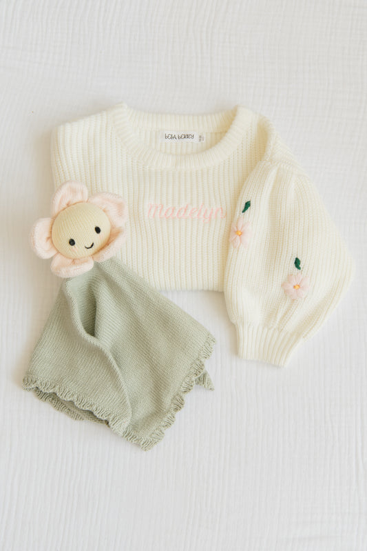 Girls Floral Embroidered Sweater with Puff Sleeve