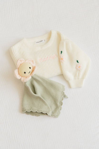 Girls Floral Embroidered Sweater with Puff Sleeve