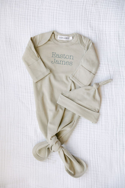 Personalized Organic Cotton Knotted Gown with Hat - Neutral