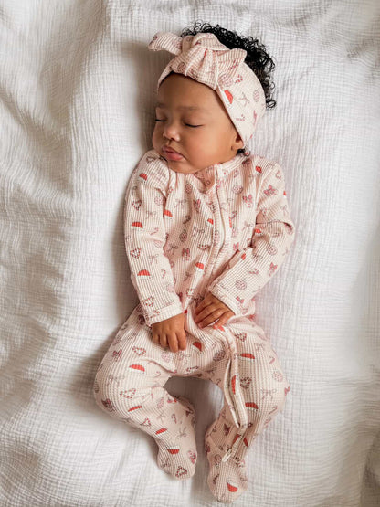 Merry & Pink Organic Waffle Knit Footie With Bow