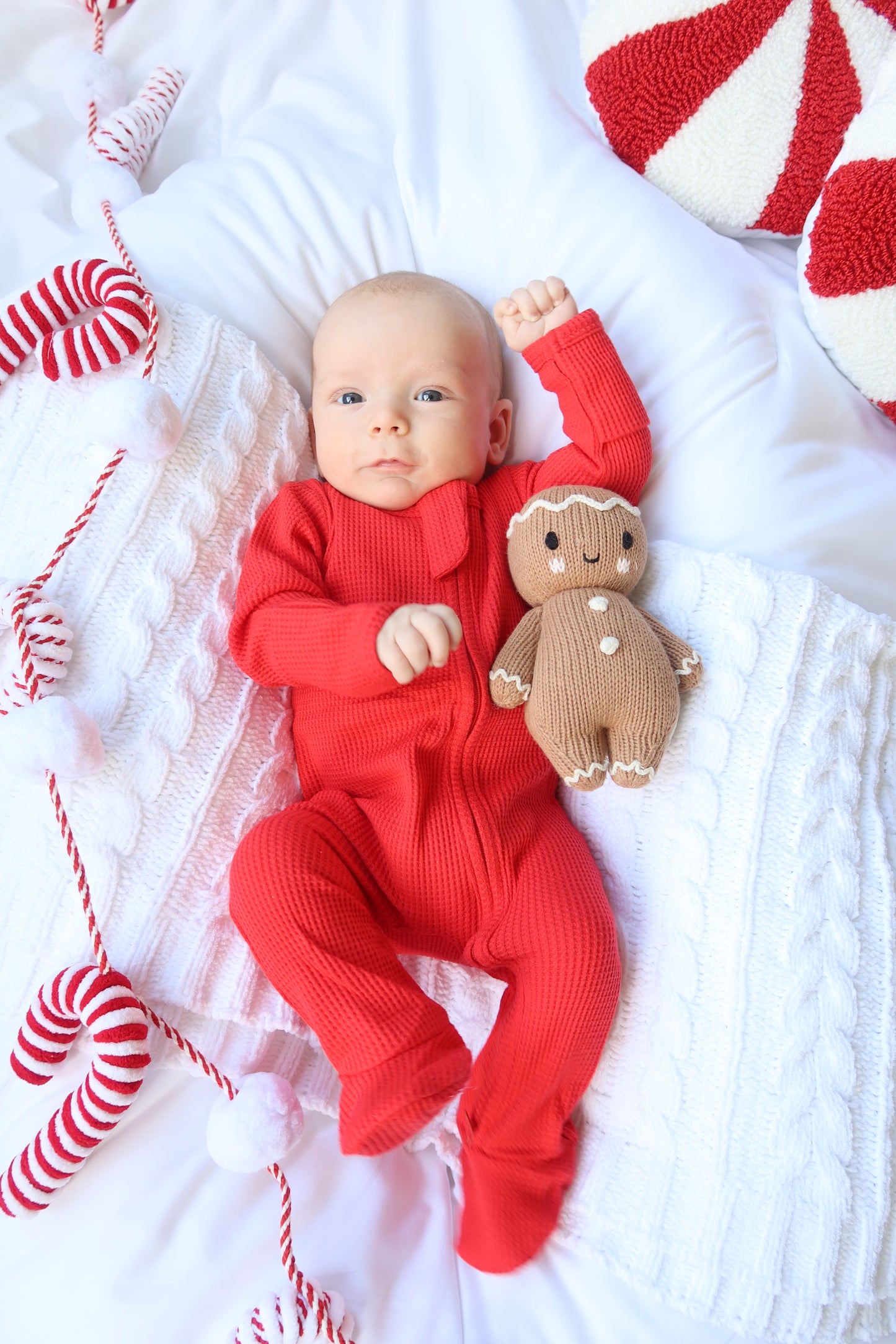 Candy Cane Red Organic Waffle Knit Footie With Bow Or Hat
