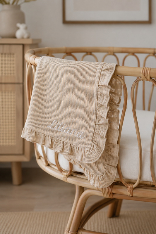 Embroidered Knitted Ruffled Blanket