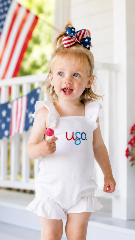 Custom Patriotic White Ruffle Romper with Bow