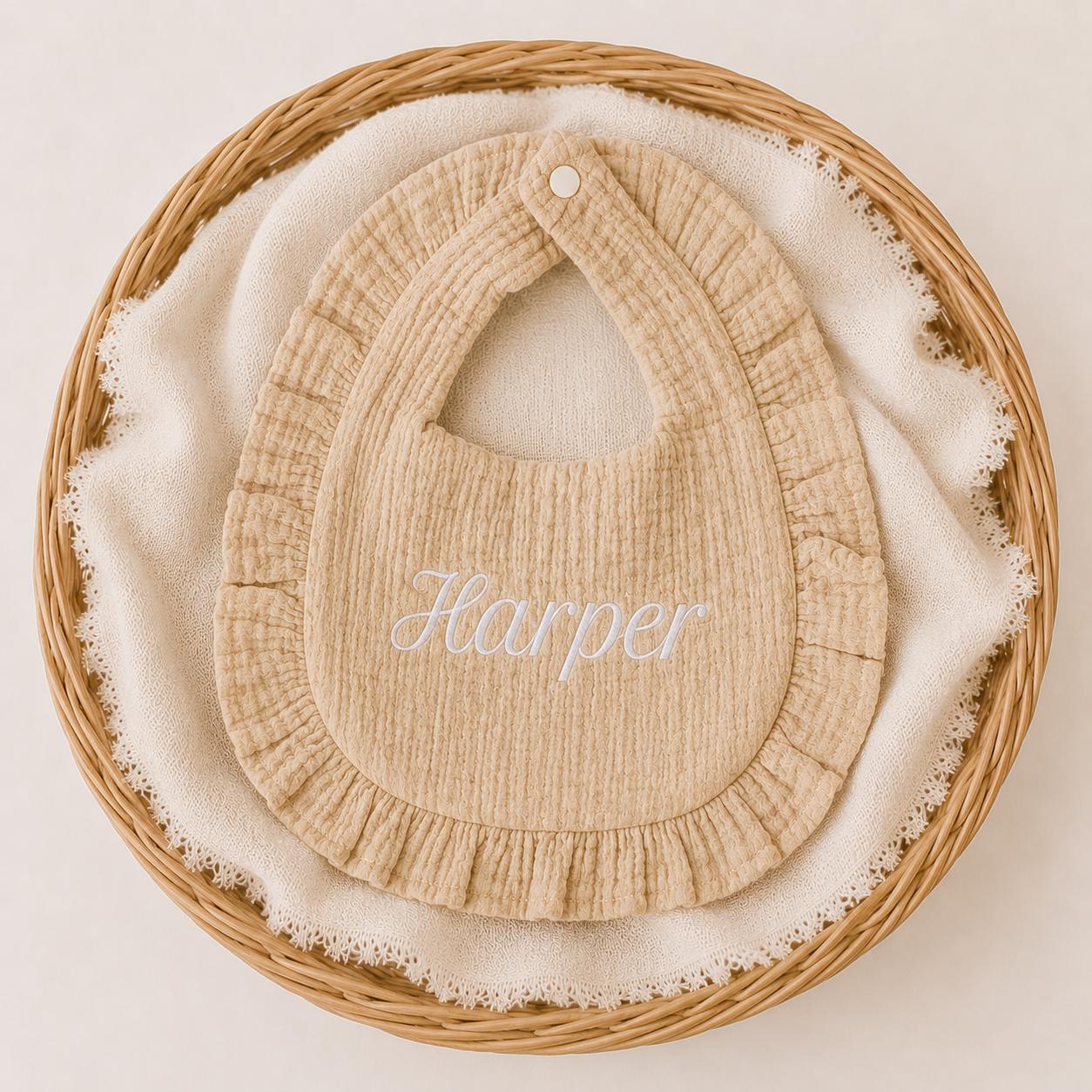 Embroidered Muslin Ruffle Bib