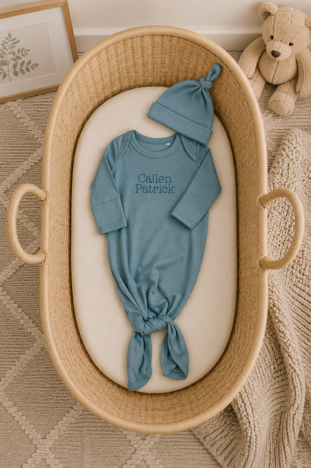 Personalized Organic Cotton Knotted Gown with Hat - Neutral