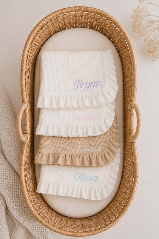 Embroidered Knitted Ruffled Blanket