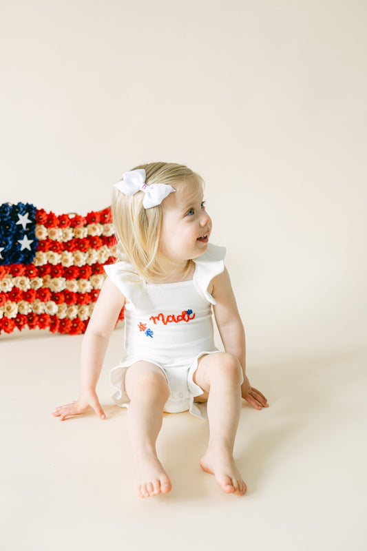 Custom Patriotic White Ruffle Romper with Bow