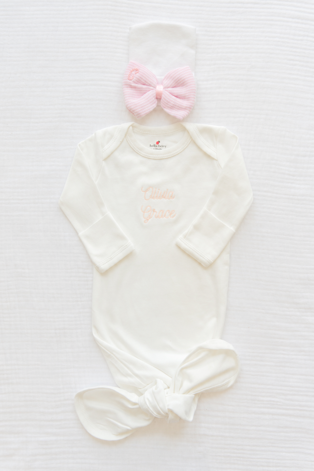 Personalized Organic Cotton Knotted Gown with Hand Stitched Bow Hat