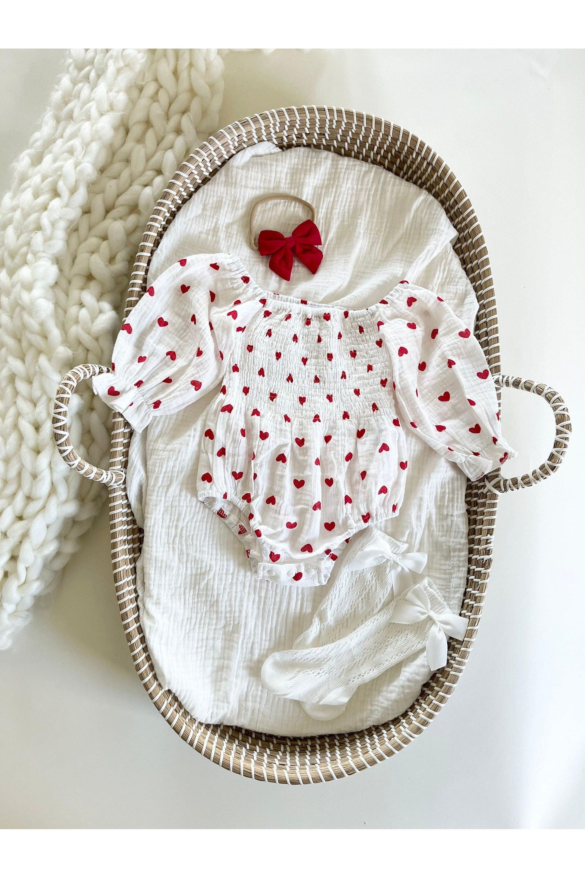 Baby Girl Valentines Day Outfit | Muslin Cotton Baby Girl Romper | Red Heart Baby Girl Romper and Headband | Baby Girl Bodysuit