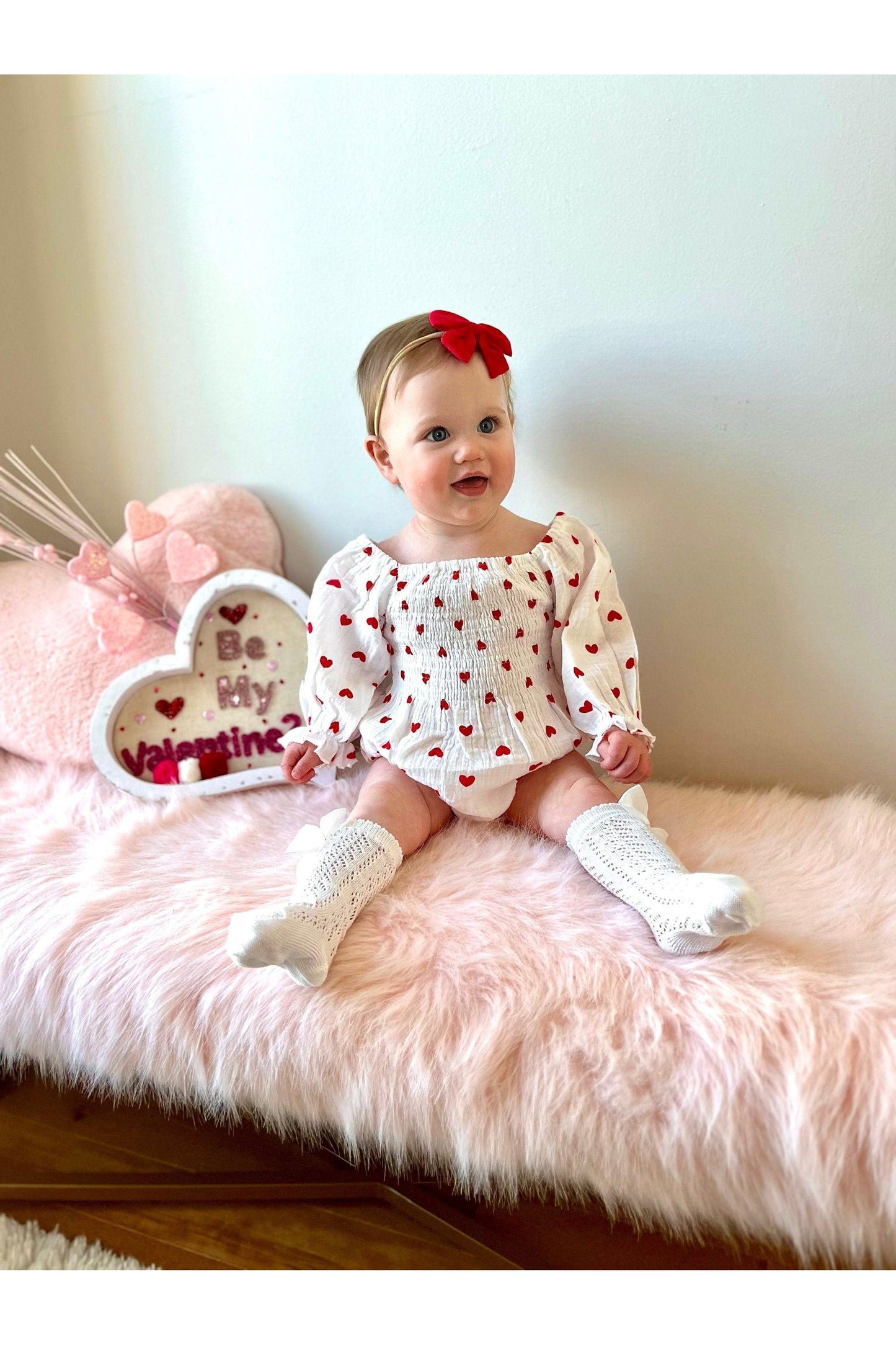 Baby Girl Valentines Day Outfit | Muslin Cotton Baby Girl Romper | Red Heart Baby Girl Romper and Headband | Baby Girl Bodysuit