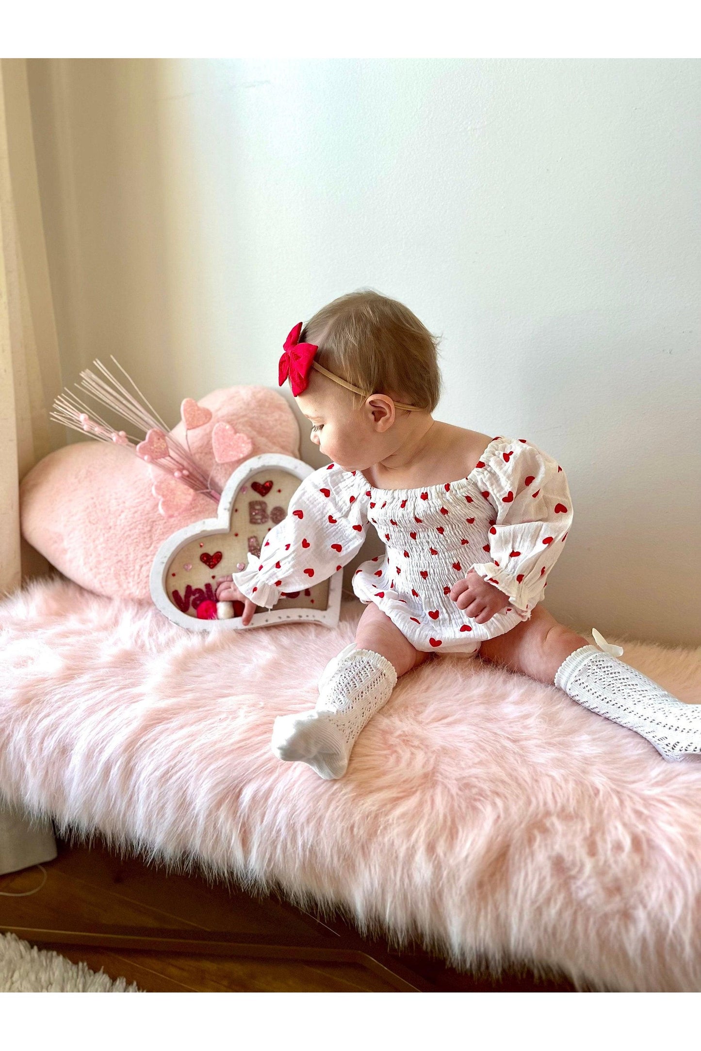 Baby Girl Valentines Day Outfit | Muslin Cotton Baby Girl Romper | Red Heart Baby Girl Romper and Headband | Baby Girl Bodysuit