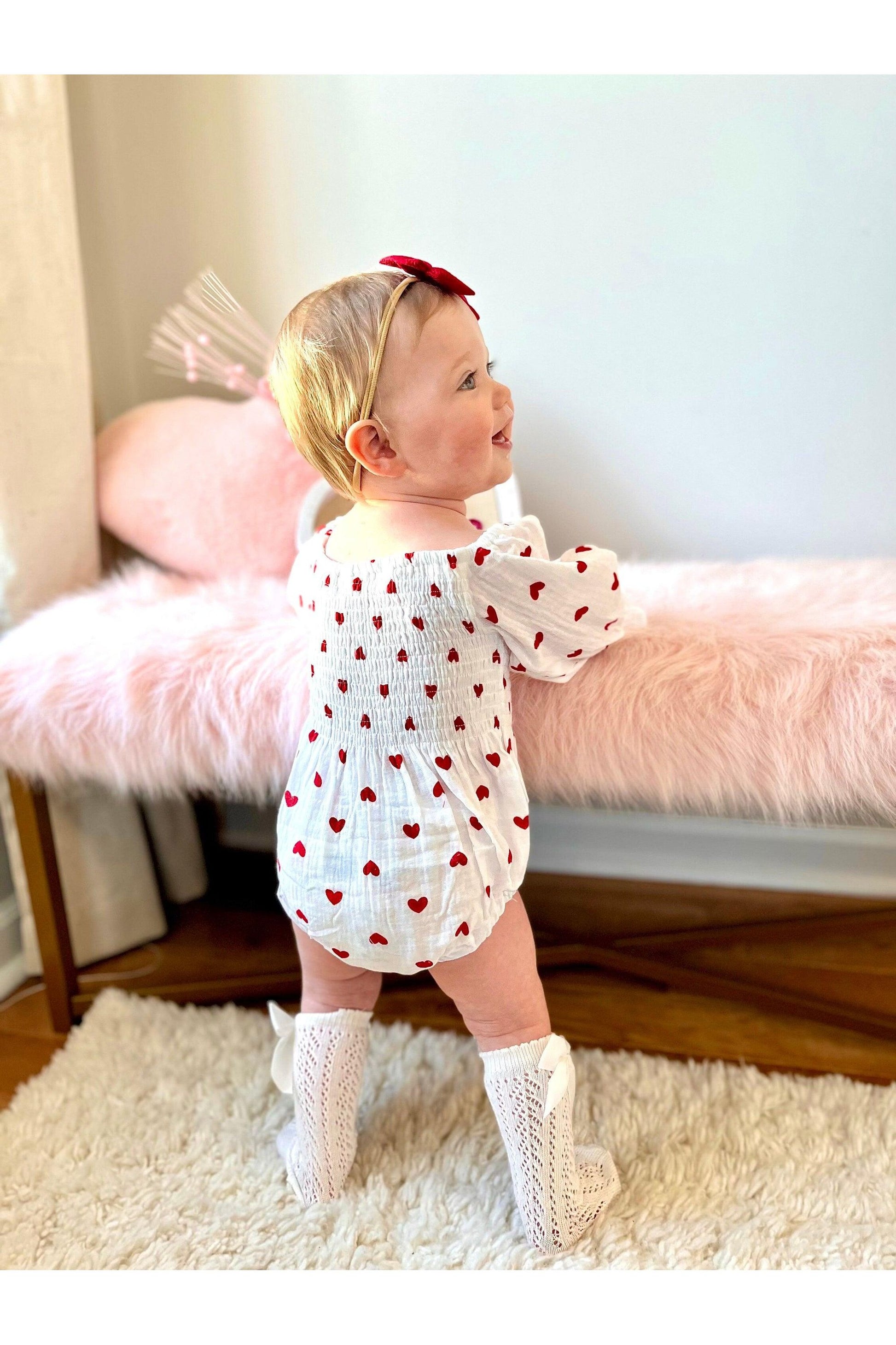 Baby Girl Valentines Day Outfit | Muslin Cotton Baby Girl Romper | Red Heart Baby Girl Romper and Headband | Baby Girl Bodysuit