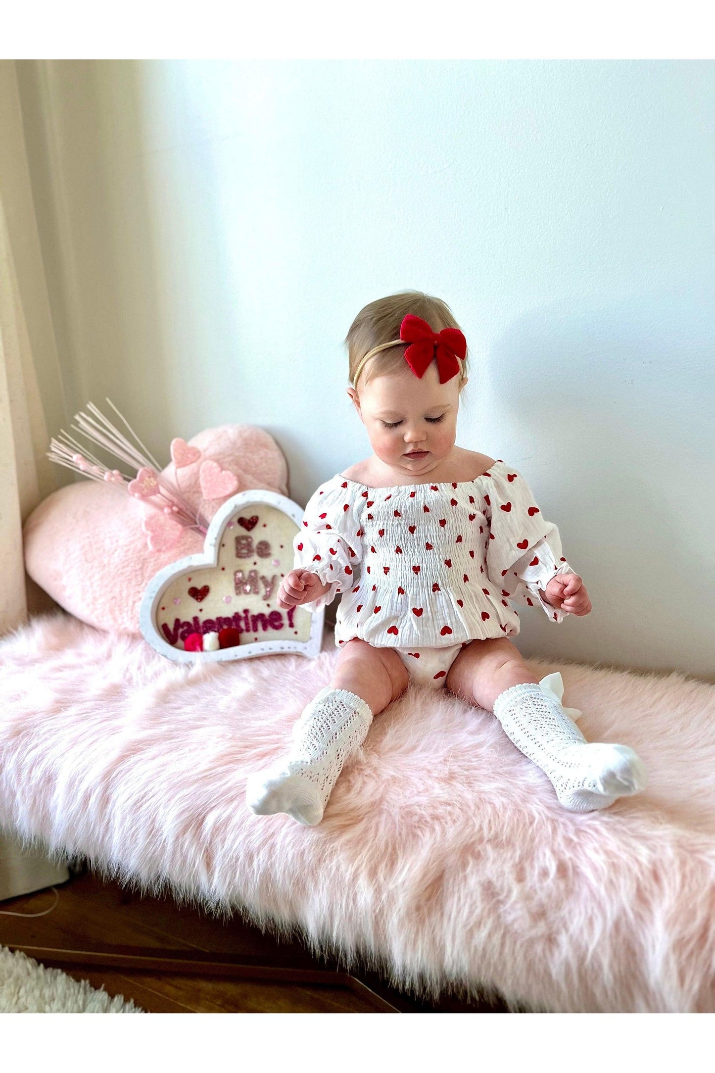 Baby Girl Valentines Day Outfit | Muslin Cotton Baby Girl Romper | Red Heart Baby Girl Romper and Headband | Baby Girl Bodysuit