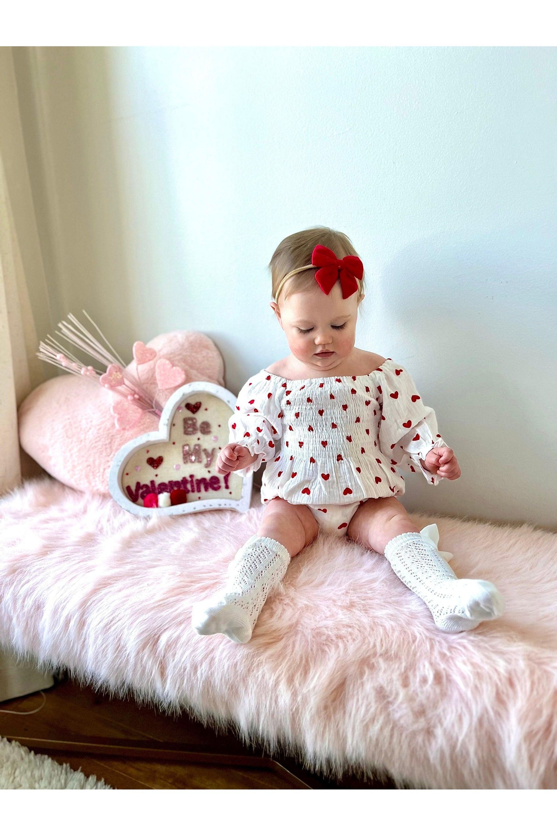 Baby Girl Valentines Day Outfit | Muslin Cotton Baby Girl Romper | Red Heart Baby Girl Romper and Headband | Baby Girl Bodysuit