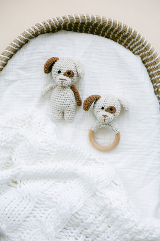 Crochet Puppy Baby Toy | Crochet Baby Rattle With Grip Ring | Soft Stuffed Puppy | Baby Sensory Rattle Toy | Crochet Knitted Sensory Toy